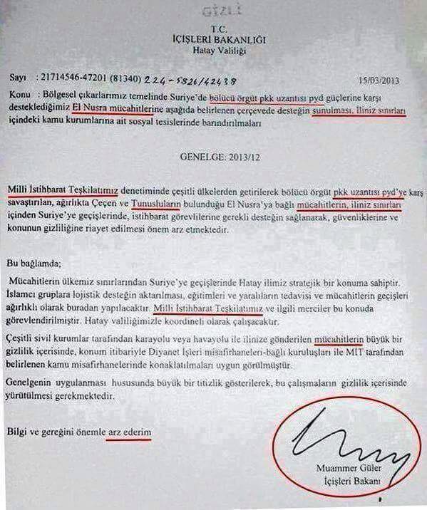 turkish-media-have-issued-a-letter-indicating-the-interior-ministry-to-provide-assistance-to-terrorists-in-syria