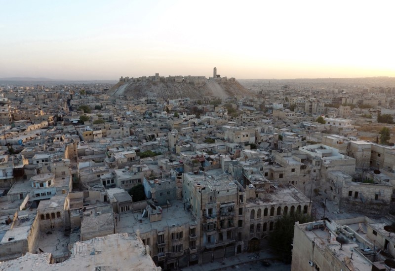 A general view taken with a drone shows Aleppo's historic citadel, controlled by forces loyal to Syria's President Bashar al-Assad, as seen from a rebel-held area of Aleppo, Syria, October 12, 2016. REUTERS/Abdalrhman Ismail